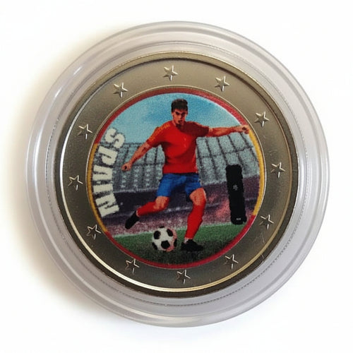 Coin with a soccer player design in a clear holder on a white background